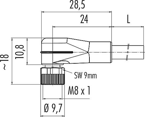 Scale drawing M8 Female angled connector, Contacts: 6, unshielded, moulded on the cable, IP67/IP69K, UL 2238, PUR, black, 6 x 0.25 mm², 5 m