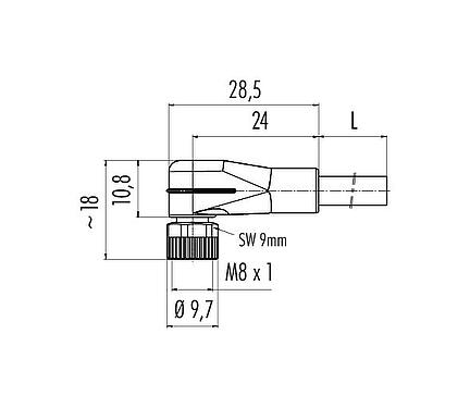 Dibujo a escala M8 Conector hembra en ángulo, Número de contactos: 8, sin blindaje, moldeado en el cable, IP67/IP69K, UL 2238, PVC, gris, 8 x 0,25 mm², 2 m