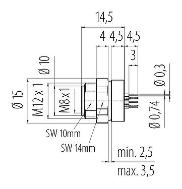Scale drawing M8 Female panel mount connector, Contacts: 12, unshielded, THT, IP67/IP69K, UL 2238, M10x0.75, Rear mounting, screwable from the front, potted