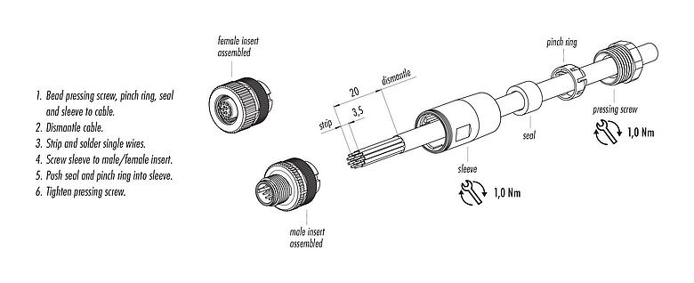Assembly instructions M12 Male cable connector, Contacts: 12, 6.0-8.0 mm, unshielded, solder, IP67, UL 2238
