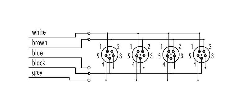Schémas d’affectation des broches 72 9138 500 04 - Snap-In Distributeur 4 voies, Contacts: 5, non blindé, surmoulé sur le câble, IP67, 5 x 0.75 mm²
