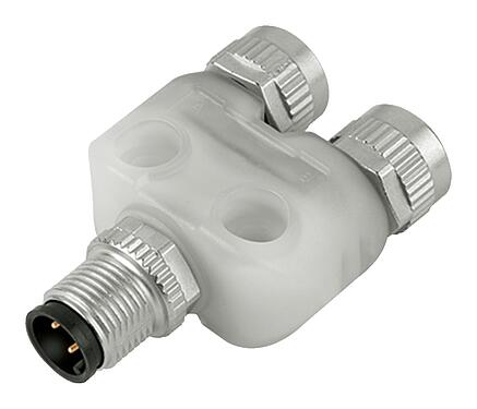Illustration M12 Répartiteur double, Y-distributeur, mâle - 2 femelle, Contacts: 4/3, non blindé, enfichable, IP68, UL 2238, avec LED, PNP