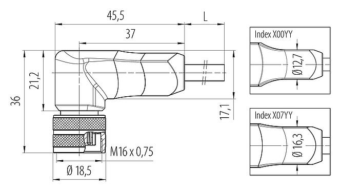 Dibujo a escala 77 6534 0000 50712-0200 - M16 Conector hembra en ángulo, Número de contactos: 12, blindado, moldeado en el cable, IP68, PUR, negro, 12 x 0,25 mm², 2 m