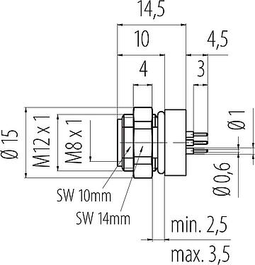 Scale drawing M8 Female panel mount connector, Contacts: 8, unshielded, THT, IP67, UL 2238, M12x1.0, Rear mounting, potted