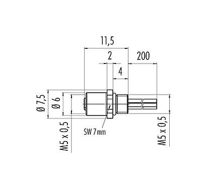 Scale drawing M5 Female panel mount connector, Contacts: 3, unshielded, single wires, IP67, M5x0.5, Front mounting, potted