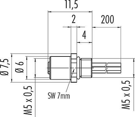 Dessin coté M5 Embase femelle, Contacts: 3, non blindé, fils, IP67, M5x0,5, Montage frontal, coulé