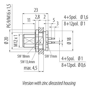 Scale drawing M12 Male panel mount connector, Contacts: 4, unshielded, THT, IP68, UL 2238, M16x1.5, Rear mounting