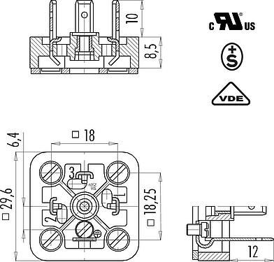 Scale drawing Male power connector, Contacts: 2+PE, unshielded, solder, IP40 without seal, UL, ESTI+, VDE