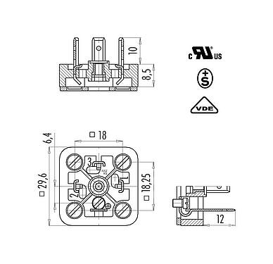 Scale drawing Male power connector, Contacts: 3+PE, unshielded, solder, IP40 without seal, UL, ESTI+, VDE