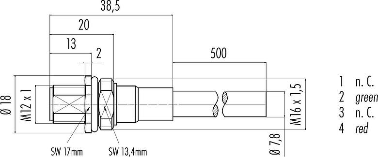 Scale drawing M12 Male panel mount connector, Contacts: 2, shielded, with cable assembled, IP68, M16x1.5, Profibus, PUR, violet, 1 x 2 x 0.25 mm², Front mounting, 0.5 m