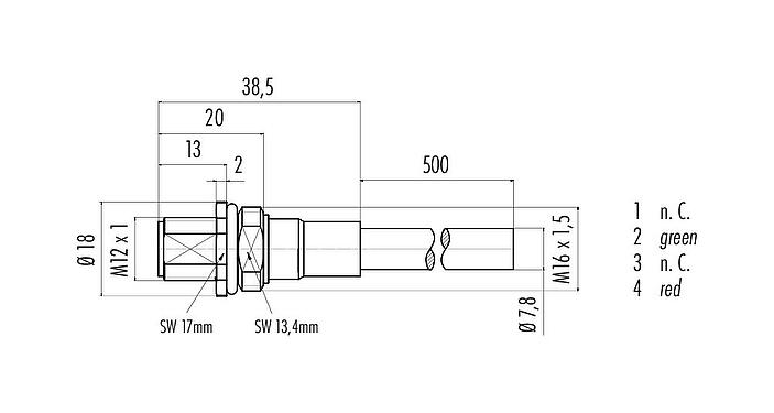 Dessin coté 70 4433 246 04 - M12 Embase mâle, Contacts: 2, blindé, assemblés avec câble, IP68, M16x1,5, Profibus, PUR, violet, 1 x 2 x 0,25 mm², 0,5 m