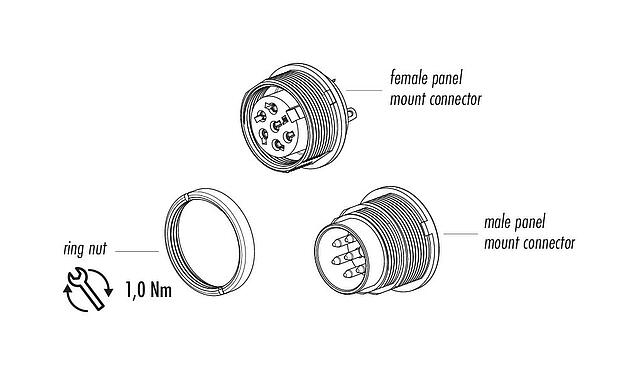 Component part drawing M16 Female panel mount connector, Contacts: 6 (06-a), unshielded, solder, IP40, M18x0,75, Rear mounting