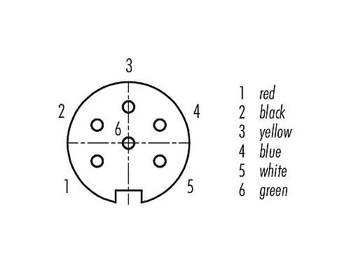 Disposition des contacts (Côté plug-in) 79 6318 200 06 - M16 Connecteur femelle coudé, Contacts: 6 (06-a), blindé, surmoulé sur le câble, IP67, PUR, noir, 6 x 0,25 mm², 2 m
