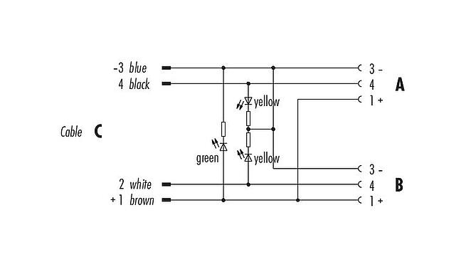 Pin assignment plans M8 Twin distributors, Y-distributor, Contacts: 3, unshielded, moulded on the cable, IP68, UL 2238, PUR, black, 4 x 0.25 mm², with LED PNP closer, 2 m