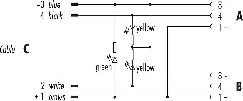 Pin assignment plans M12 Twin distributors, Y-distributor, male connector - 2 female connector, Contacts: 4, unshielded, moulded on the cable, IP68, UL 2238, PUR, black, 4 x 0.25 mm², with LED PNP closer, 2 m