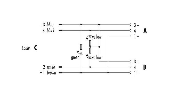 Schémas d’affectation des broches 79 5236 33 04 - M12 Répartiteur double, Y-distributeur, Contacts: 4, non blindé, surmoulé sur le câble, IP68, UL, PUR, noir, 4 x 0,25 mm², avec LED, PNP, 2 m