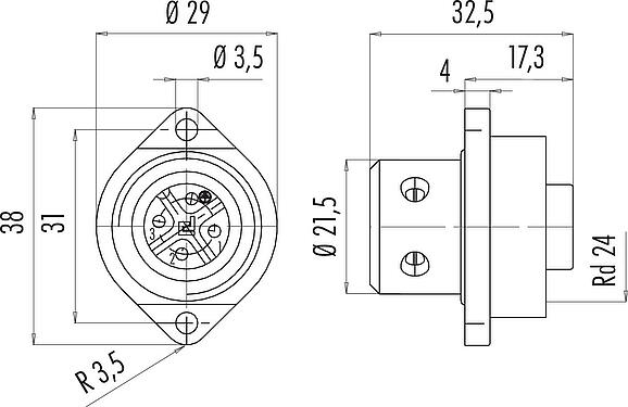 Dibujo a escala RD24 Toma de brida, Número de contactos: 3+PE, sin blindaje, tornillo extraíble, IP67, UL, ESTI+, VDE, Montaje frontal