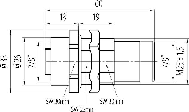 Dibujo a escala 7/8" Casquillo del armario de distribución, Número de contactos: 5, sin blindaje, enchufable, IP67, VDE, Montaje en pared