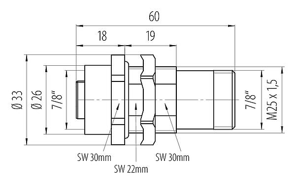 Dibujo a escala 7/8" Casquillo del armario de distribución, Número de contactos: 5, sin blindaje, enchufable, IP67, VDE, Montaje en pared