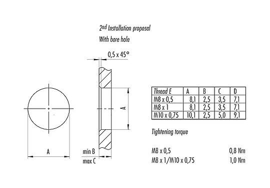Assembly instructions / Panel cut-out M8 Male angled panel mount connector, Contacts: 4, shieldable, THT, IP67, Rear mounting, potted