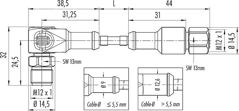 Dibujo a escala M12 Cable de conexión conector macho aangular - conector de cable hembra, Número de contactos: 5, sin blindaje, moldeado en el cable, IP67/IP69K, UL 2238, Ecolab, PVC, gris, 5 x 0,34 mm², Industria alimentaria, Acero inoxidable, 2 m
