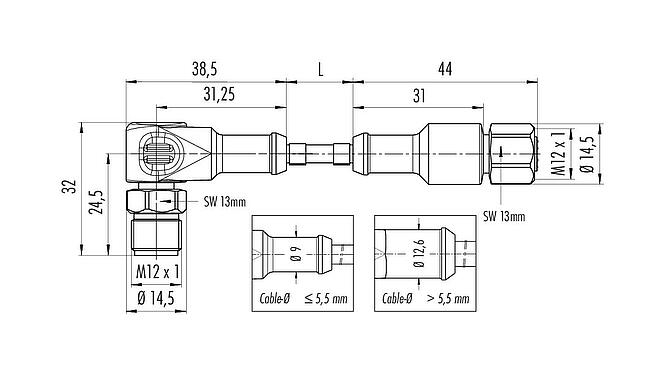 Dibujo a escala M12 Cable de conexión conector macho aangular - conector de cable hembra, Número de contactos: 4, sin blindaje, moldeado en el cable, IP67/IP69K, UL 2238, Ecolab, PVC, gris, 4 x 0,34 mm², Industria alimentaria, Acero inoxidable, 2 m