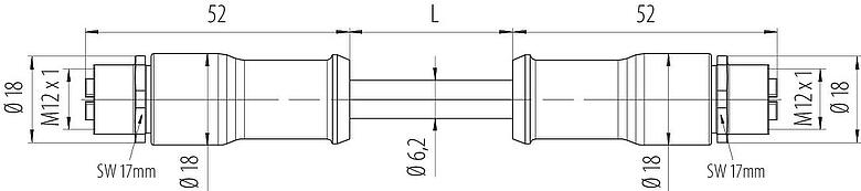 Scale drawing M12 Connecting cable 2 female cable connectors, Contacts: 8, shielded, moulded on the cable, IP67, M12x1.0, E-beam X-FRNCL/LSNH, blue, 2 m