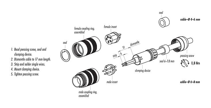 Instructions de montage M16 Connecteur femelle, Contacts: 5 (05-a), 4,1-7,8 mm, non blindé, souder, IP67, UL 2238, Version courte