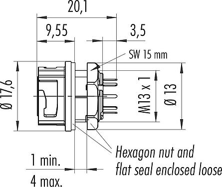 Scale drawing Bayonet Female panel mount connector, Contacts: 8, unshielded, THT, IP67, Front mounting