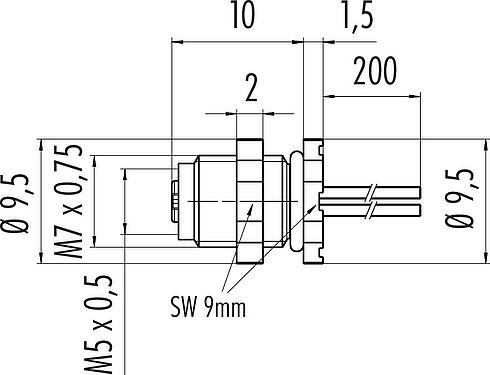 Scale drawing M5 Female panel mount connector, Contacts: 4, unshielded, single wires, IP67, M5x0.5, Rear mounting, potted