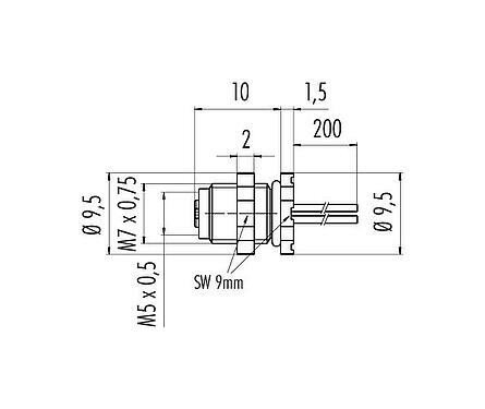 Dessin coté M5 Embase femelle, Contacts: 3, non blindé, fils, IP67, UL 2238, M5x0,5, Montage mural arrière, coulé