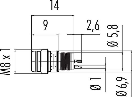 Scale drawing M8 Male receptacle, Contacts: 3, unshielded, solder, IP65, Front mounting