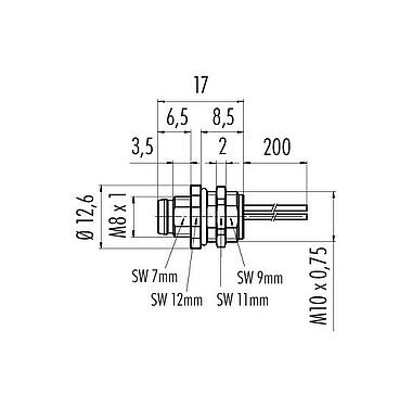 Scale drawing M8 Male panel mount connector, Contacts: 3, unshielded, single wires, IP67, UL 2238, M10x0.75, Front mounting, potted