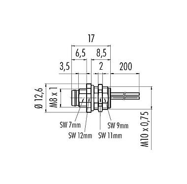 Scale drawing 76 6219 1111 00005-0200 - M8 Male panel mount connector, Contacts: 5, unshielded, single wires, IP67, UL, M10x0.75