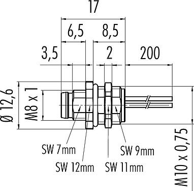 Scale drawing M8 Male panel mount connector, Contacts: 5, unshielded, single wires, IP67, UL 2238, M10x0.75, Rear mounting, potted