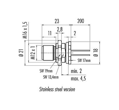 Scale drawing M12 Male panel mount connector, Contacts: 12, unshielded, single wires, IP68, UL 2238, M16x1.5, Rear mounting, stainless steel, potted