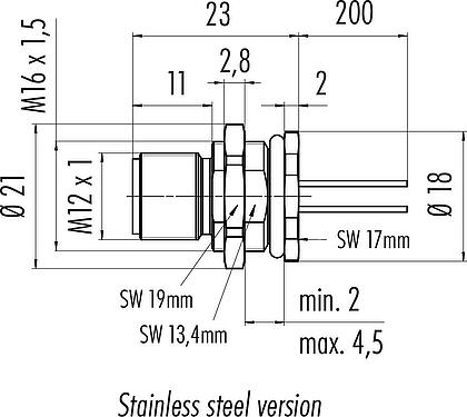Scale drawing M12 Male panel mount connector, Contacts: 5, unshielded, single wires, IP68, UL 2238, M16x1.5, Rear mounting, stainless steel, potted