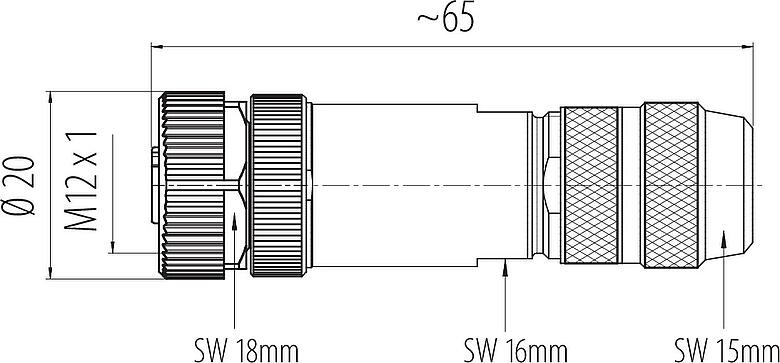 Dibujo a escala M12 Conector de cable hembra, Número de contactos: 5, 8,0-9,0 mm, blindable, tornillo extraíble, IP67, UL 2238, Pluma de iris