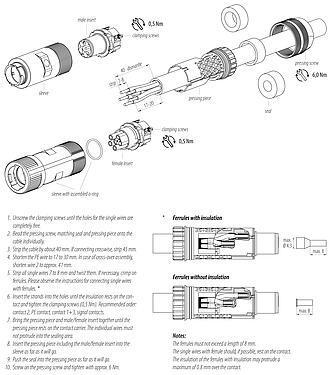 Instrucción de montaje 99 6165 000 06 - Bayoneta Conector de cable macho, Número de contactos: 6 (3+PE+2), 7,0-14,0 mm, sin blindaje, tornillo extraíble, IP67 enchufado y bloqueado