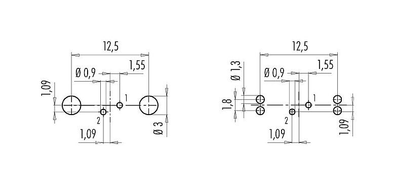 Conductor layout 09 0403 30 02 - M9 Male panel mount connector, Contacts: 2, shieldable, THT, IP67, front fastened