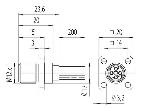 Dessin coté M12 Embase mâle, carré, Contacts: 4, non blindé, fils, IP40, UL 2238, M3 (4x), Montage frontal