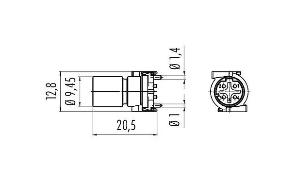 Scale drawing 09 0731 601 04 - M12 Male panel mount connector, Contacts: 4, shieldable, SMT, IP67