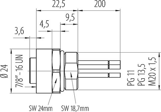 Dessin coté 7/8" Embase femelle, Contacts: 4+PE, non blindé, fils, IP68, UL 2238, VDE, PG 13,5, Montage frontal, coulé