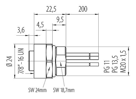 Dessin coté 7/8" Embase femelle, Contacts: 4+PE, non blindé, fils, IP68, UL 2238, VDE, PG 11, Montage frontal, coulé