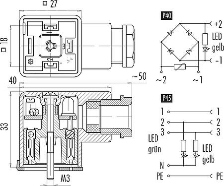 Schémas d’affectation des broches Embase femelle pour appareils, Contacts: 3+PE, 6,0-8,0 mm, non blindé, pince à visser, IP40 sans joint, PG 9, Circuit P45, avec LED, PNP