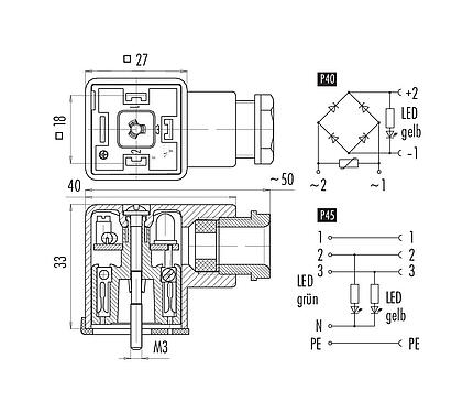 Pin assignment plans 43 1730 140 03 - Female power connector, Contacts: 2+PE, 6.0-8.0 mm, unshielded, screw clamp, IP40 without seal, Circuit P40, with LED PNP closer