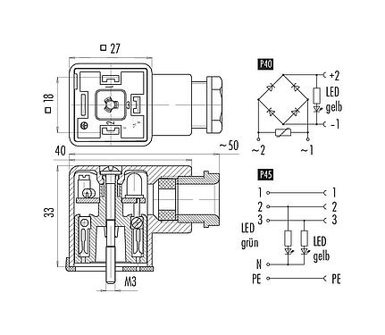 Pin assignment plans Female power connector, Contacts: 2+PE, 6.0-8.0 mm, unshielded, screw clamp, IP40 without seal, PG 9, Circuit P40, with LED PNP closer