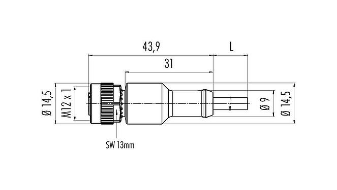 Dessin coté M12 Connecteur femelle, Contacts: 5, non blindé, surmoulé sur le câble, IP68/IP69K, UL 2238, PVC, gris, 5 x 0,34 mm², 5 m