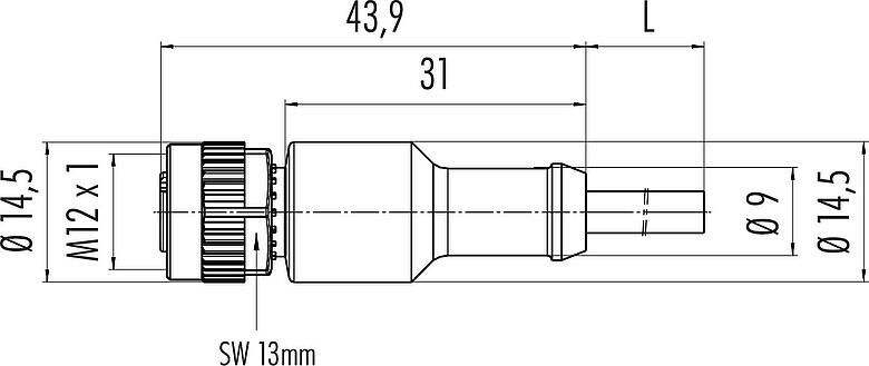 Scale drawing M12 Female cable connector, Contacts: 4, unshielded, moulded on the cable, IP68/IP69K, UL 2238, PVC, grey, 4 x 0.34 mm², 2 m