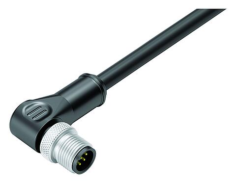 Illustration M12 Male angled connector, Contacts: 8, shielded, moulded on the cable, IP67, Ethernet CAT5e, TPE, black, 4 x 2 x AWG 24, 5 m